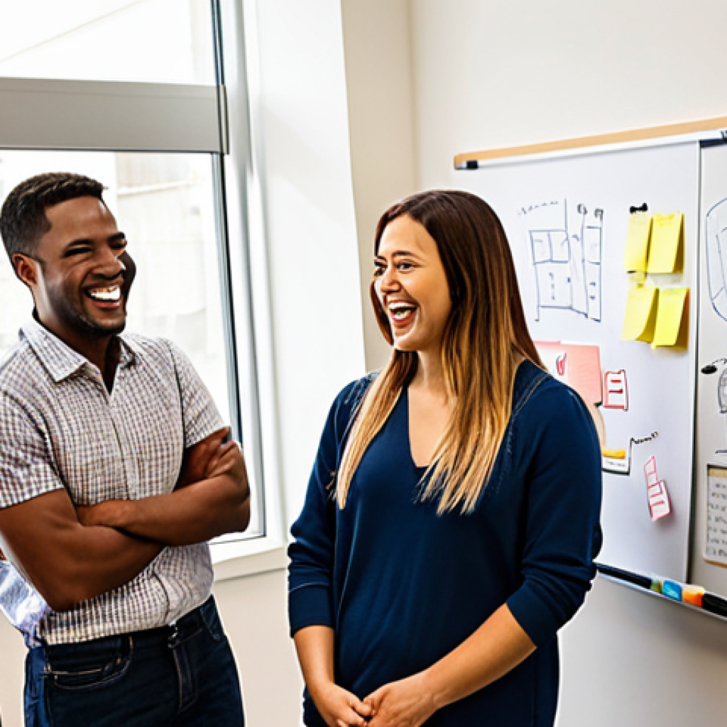**

A diverse team brainstorming ideas in a bright, modern office. Post-it notes cover a whiteboard filled with sketches and diagrams. The atmosphere is energetic and collaborative, with team members smiling and actively participating. Focus on capturing the "Yes, and..." improv culture.

**