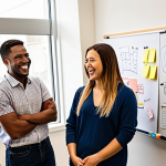 **

A diverse team brainstorming ideas in a bright, modern office. Post-it notes cover a whiteboard filled with sketches and diagrams. The atmosphere is energetic and collaborative, with team members smiling and actively participating. Focus on capturing the "Yes, and..." improv culture.

**