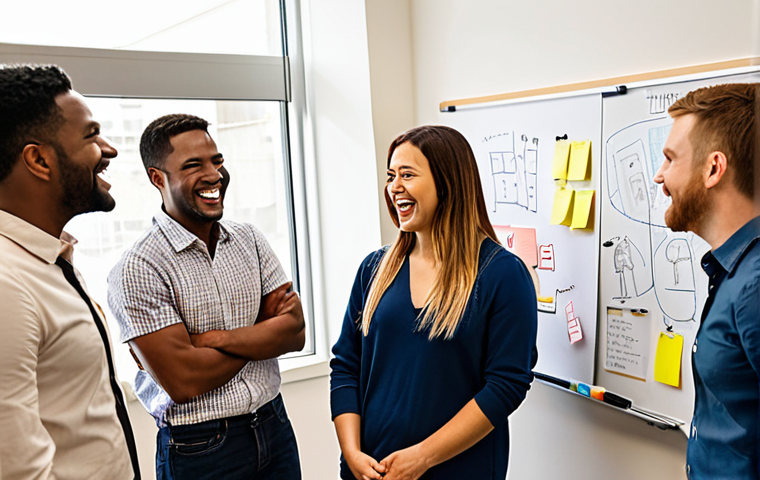 **

A diverse team brainstorming ideas in a bright, modern office. Post-it notes cover a whiteboard filled with sketches and diagrams. The atmosphere is energetic and collaborative, with team members smiling and actively participating. Focus on capturing the "Yes, and..." improv culture.

**