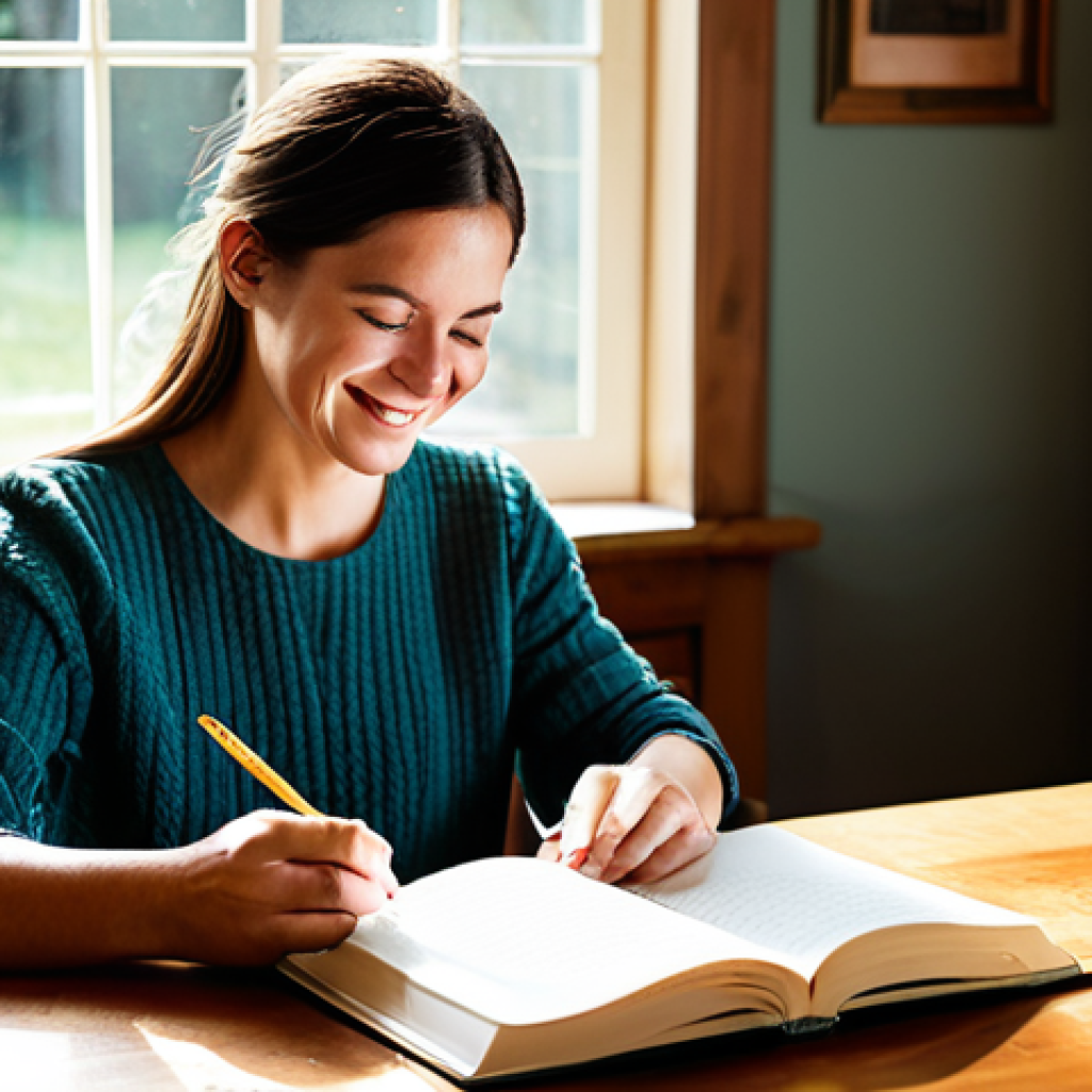 긍정심리학의 활용을 통한 건강 증진 - Gratitude Journaling**
"A woman with a warm smile, sitting at a wooden desk in a sunlit home office...