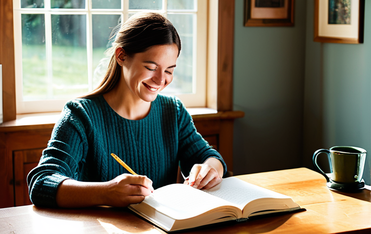 긍정심리학의 활용을 통한 건강 증진 - Gratitude Journaling**
"A woman with a warm smile, sitting at a wooden desk in a sunlit home office...