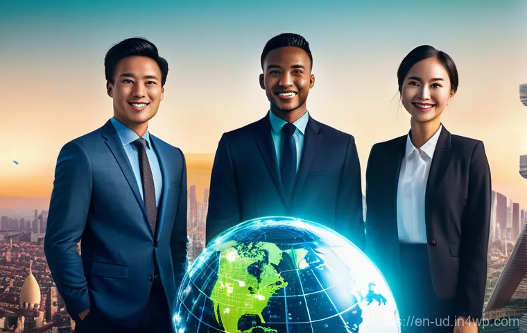 긍정심리학의 활용을 통한 글로벌 인재 육성 - **Prompt:** A diverse group of four young professionals, approximately 25-35 years old, representing...