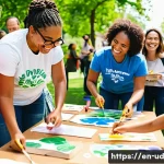 Home 20 긍정심리학과 공동체 발전 - A diverse group of community members gathered outdoors in a sunny urban park, engaged in a vibrant s...
