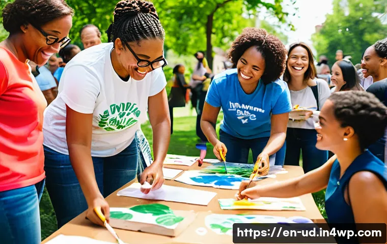 긍정심리학과 공동체 발전 - A diverse group of community members gathered outdoors in a sunny urban park, engaged in a vibrant s...