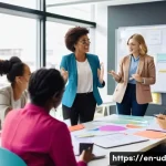 Home 19 긍정심리학의 원리를 바탕으로 한 리더십 개발 - A diverse professional team gathered in a modern, bright office space, engaged in an energetic brain...