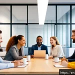 Home 18 긍정심리학을 기반으로 한 팀워크 강화 - A diverse, modern office team engaged in a collaborative meeting around a large table, showing authe...