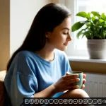 Home 23 긍정심리학을 기반으로 한 스트레스 관리 - Photorealistic morning scene in a bright, cozy American apartment, a relaxed young adult sitting by ...