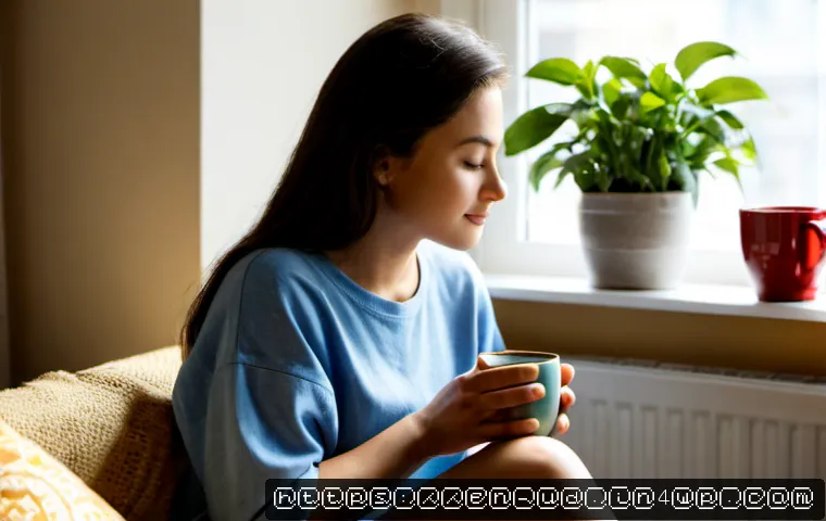 긍정심리학을 기반으로 한 스트레스 관리 - Photorealistic morning scene in a bright, cozy American apartment, a relaxed young adult sitting by ...