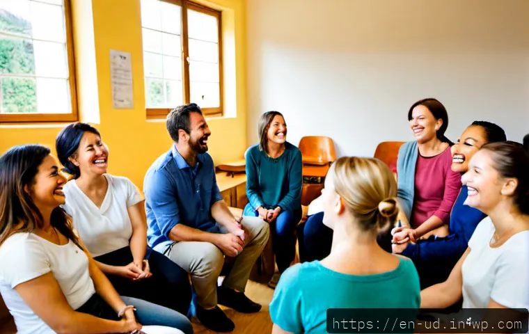 Home 17 긍정심리학에서의 유머의 역할 - Photorealistic positive psychology workshop in a bright community center, diverse group of adults se...