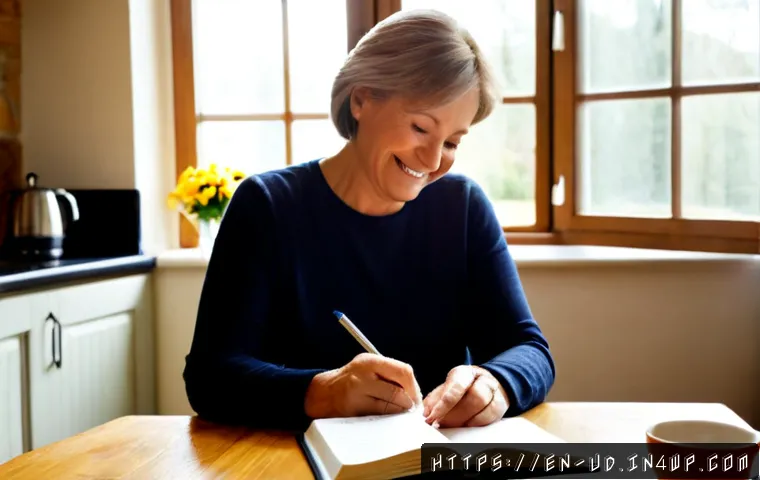 긍정심리학의 핵심 기법과 도구 - Photorealistic morning lifestyle scene of a cheerful middle-aged woman seated at a sunlit kitchen ta...