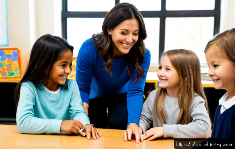 긍정심리학의 원리를 활용한 교육 방법론 - Photorealistic elementary classroom in a modern American school, caring teacher crouched beside a di...