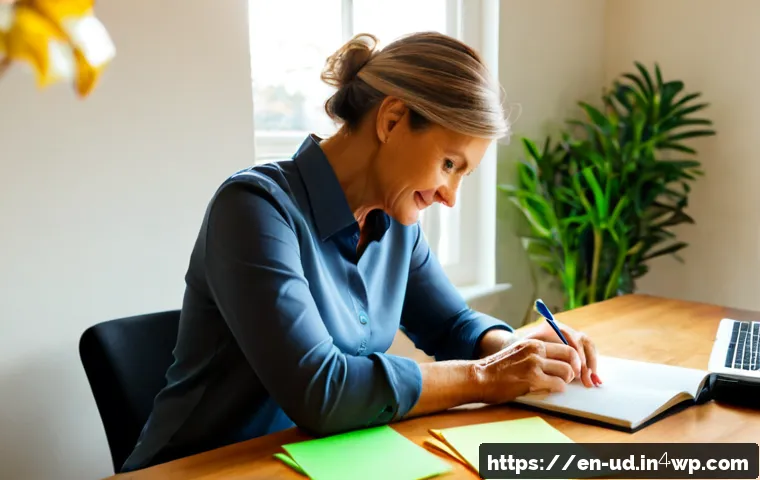 긍정심리학을 통한 인생 목표 설정 - Photorealistic lifestyle scene of a confident middle-aged woman at a bright home office desk, arrang...